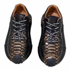 Tênis masculino autêntico de couro verdadeiro, casual, preto, dourado, serpentina, couro exótico, masculino, macio, sem cadarço, Preto, dourado, 39