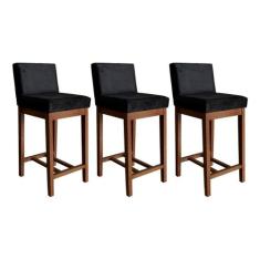Kit 3 Banquetas Média Estofadas Lisboa 90 Cm Madeira Maciça Suede Pret