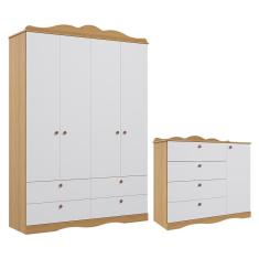 Conjunto de Quarto Infantil Encanto com Guarda-Roupa 4 Portas 8 Gavetas em 100% MDF 158 cm Branco Permóbili