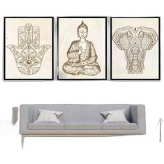 Kit 3 Quadros Decorativos Buda Zen Hamsa E Elefante 34x23cm - Quadros 