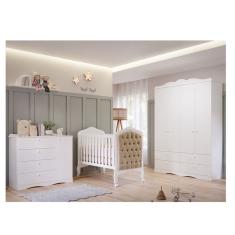 Quarto de Bebê 3 Peças com Berço Capitonê Cômoda 4 Gavetas e Guarda Roup. 4 Pts 4 Gavetas Aquarella Espresso Móveis Branco