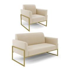 Sofá Namoradeira com Poltrona Base Industrial Alta Dourado Marisa Sued
