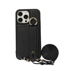 Capa de telefone com cordão crossbody para iPhone 15 14 Plus 13 12 11 Pro Max porta-cartão capa de couro com alça de ombro, preta, para iPhone 11