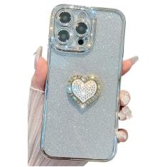 Kwhapoo Capa fofa compatível com iPhone 13 Pro Max de 6,7 polegadas, capas de cartão de glitter + diamante brilhante com suporte de coração de amor, capas macias de proteção de câmera brilhante para