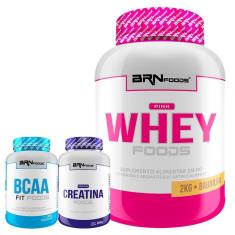 Kit - Whey Protein Pink Whey Protein 2kg + PREMIUM Creatina 300g +BCAA Fit Foods 100g - BRN Foods-Unissex