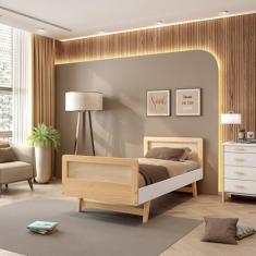 Cama Solteiro Lift em Madeira Maciça com Rattan Casatema Branco/Natural