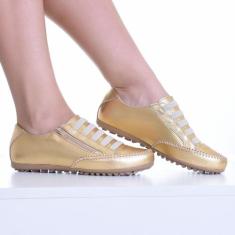 Tênis Feminino Mocatênis Dourado com zíper Izabela Araújo Couro, Doura