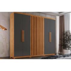 Guarda Roupa Solteiro Cairo 4 Portas de Bater 2 Gavetas MDF Naturale-Grafite Rufato