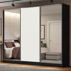 Guarda Roupa Casal 100% MDF Madesa Royale 3 Portas de Correr com Espelhos - Preto/Branco
