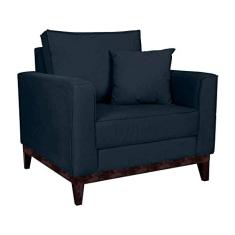 Poltrona Beny Pés e Base em Madeira Linho Cotton Azul Marinho