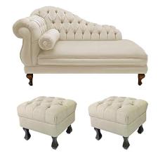 Recamier Divã Namoradeira Larissa 150cm + 2 Puffs Retrô Suede Bege - LM DECOR