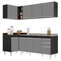 Armário de Cozinha Modulado de Canto Direito 4 Peças CP42 com Pia Inox Preto/Cinza - Lumil