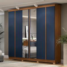 Guarda-Roupa Casal 6 Portas 3 Gavetas com Espelho Cb01r Canela/Azul Profundo - Kappesberg