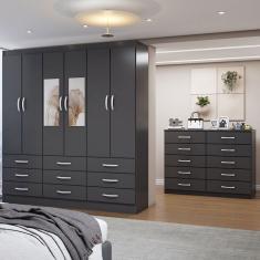 Guarda-Roupa Casal Ava 6 Portas 9 Gavetas e Espelho com Cômoda 10 Gavetas Preto - Panorama Móveis