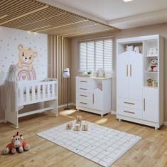Quarto de Bebê Completo 100% MDF com Guarda-Roupa, Cômoda e Mini Berço Estelar Branco
