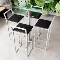 Conjunto Mesa Alta Bar Bistrô Quadrada Vidro 4 Banquetas Confort Estof