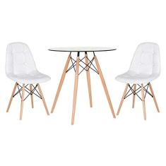 Loft7, Kit Mesa de vidro Eames 70 cm + 2 cadeiras estofadas Eiffel Botonê branco