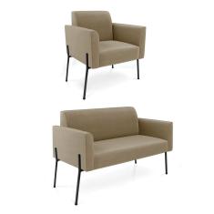 Sofá Namoradeira e Poltrona Pé de Ferro Preto Marisa Suede Marrom Rato D03 - D`Rossi