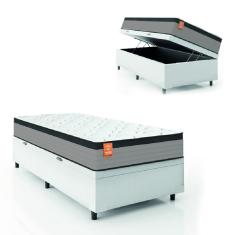 Cama Box Baú Colchão Solteiro Molas Ensacadas Real 88x188x68cm Linho Branco / Preto Inducol - Suporta até 130kg por Pessoa