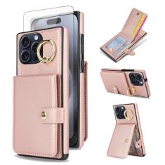 Asuwish Capa de celular para iPhone 15 Pro de 6,1 polegadas com protetor de tela de vidro temperado, anel protetor de tela com bloqueio de RFID, compartimento para cartão iPhone15Pro 5G i i-Phone i15