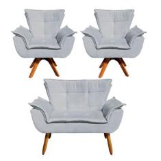 Kit Namoradeira e 2 Poltronas Base Giratória Madeira Opla Suede Cinza 