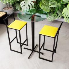 Conjunto Mesa Alta Bar Bistrô Redonda Vidro 2 Banquetas Confort Estofa