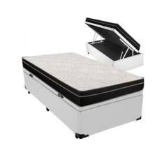 Cama Box Baú Solteiro 88 Tecido Sintético Branco com Colchão Paris de Molas Ensacadas Preto 26x888x188