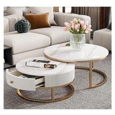 Mesas de canto mesa de centro redonda de 60 cm, conjunto de 2 mesas de canto modernas com mesa de mármore sintético e moldura de metal resistente, com gavetas de armazenamento, mesa de chá lateral para sala de estar, apartamento, escritório