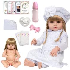 Boneca Tipo Reborn Cabelo Longo Loira Com Chupeta Kit Itens - Cegonha 