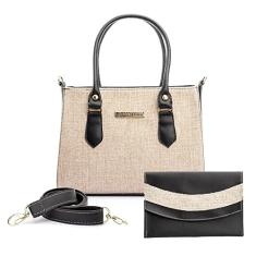 Kit Bolsa Ombro Feminina Média Alça Fixa e Removivel em Juta com Carteira