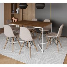 Mesa Industrial Retangular Amêndoa Base V Aço Branco 137x90cm 6 Cadeiras Madeira Estofadas Nude Clar