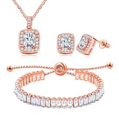 Tobestu Brincos de zircônia cúbica banhados a ouro rosa colar retangular baguete pulseira de tênis conjunto de joias de cristal ajustável, Latão, Zircônia cúbica