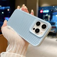 Capa de telefone de malha respirável de dissipação de calor de luxo para iPhone 15 14 Plus 13 12 11 Pro Max à prova de choque macio pára-choque capa traseira rígida, azul claro, para iPhone 14