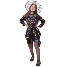 Fantasia De Bruxa Infantil Com Chapéu Vestido Bruxinha Brilho Festa Ha