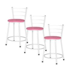 Jogo 3 Banqueta Baixa Assento Ratan Branca Retro - Lamar Design, Rosa