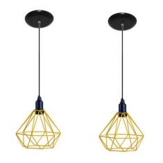 Kit com 02 Luminarias Pendente Aramado Modelo Diamante - Amarelo - Lus