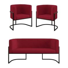 Kit 2 Poltronas + Sofá 2 Lugares Base De Metal Black Balaqui Marsala