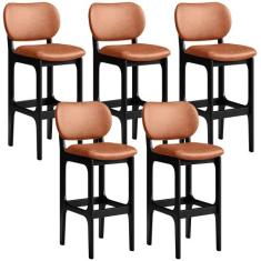Kit 05 Banquetas Alta Para Cozinha Madeira Fixa Betta L02 Preto materi