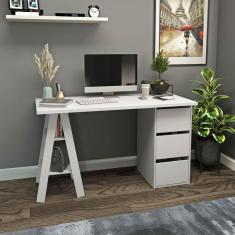 Mesa Escrivaninha 3 Gavetas e Cavalete 135Cm Branco Móvel Bento