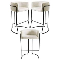 Kit 3 Banquetas Decorativas Base Aço Preto Betina C-107 Linho Bege - Domi
