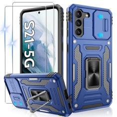 Gritup Capa para Galaxy-S21 com capa deslizante para câmera + [2 protetores de tela HD], suporte de anel giratório de metal 360°, capa protetora à prova de choque de grau militar para Samsung Galaxy