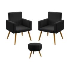 Kit 2 Poltronas Decorativas Estofadas Nina Com Puff Solar Para Sala de