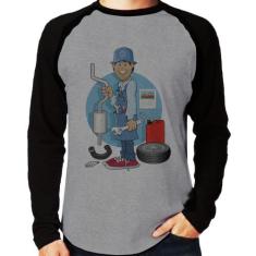 Camiseta Raglan Mecânico Manga Longa - Foca na Moda, Cinza, Preto, G