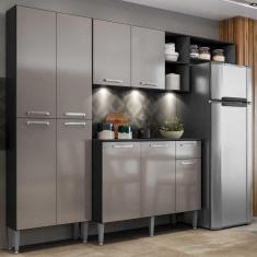 Cozinha Compacta c/ 3 Leds Armário e Balcão com Tampo Pequim Multimóveis Preta/Lacca Fumê