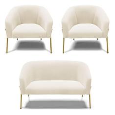 Sofá Namoradeira E 2 Poltronas Pé De Ferro Dourado Stella Veludo D03 -