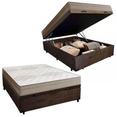 Cama Box Baú Casal Suede + Colchão De Molas Ensacadas Portobel Ipanema - 138x188x66cm Marrom