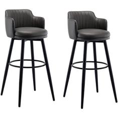 Banquetas De Bar Cinza Giratória Cadeira De Barra Conjunto De 2 Bancos Com Encosto Altura Do Balcão De Cozinha Com Braços, Assento Estofado Cromado Com Pedal De Couro Nappa, Para Bares, Cafés, Lou