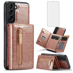 Capa de telefone para Samsung Galaxy S21 Plus S21+ 5G capa carteira com protetor de tela de vidro temperado e compartimento para cartão de crédito com glitter celular de couro S21+5G S21plus 21S + S