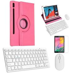 Kit Capa 360 Rosa / Teclado e Mouse branco e Película para Galaxy Tab 