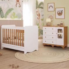 Quarto de Bebê Completo com Berço Americano Ben 3 Em 1 Cômoda Uli 4 Gavetas Móveis Peroba Amendoa/branco